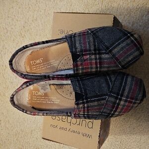 TOMS Checkered Slip-On Shoes - Gray and Red